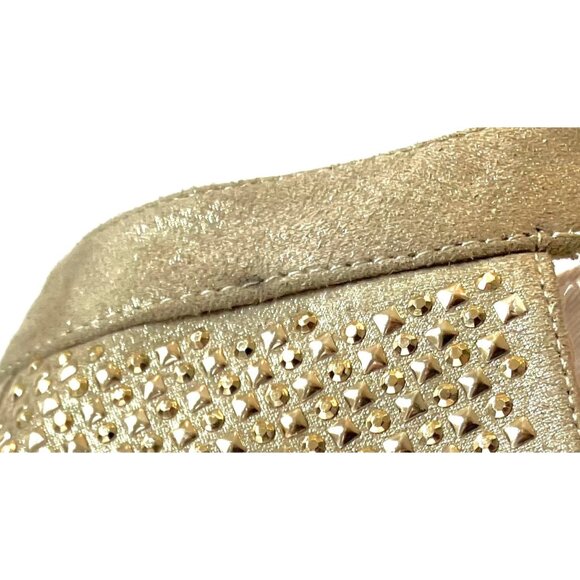 Jennifer Lopez Sasha Bling Champagne Suede Slingback Gold Stud Peep Toe Heels-9M - Picture 14 of 15